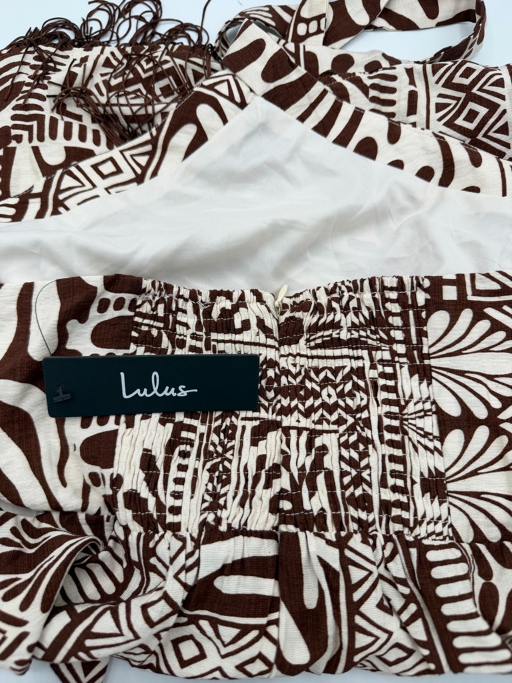 Lulus NWT “Nahia” Brown Boho Print Fringe Faux-Wrap Halter Mini Dress. Sz Large - Picture 8 of 15